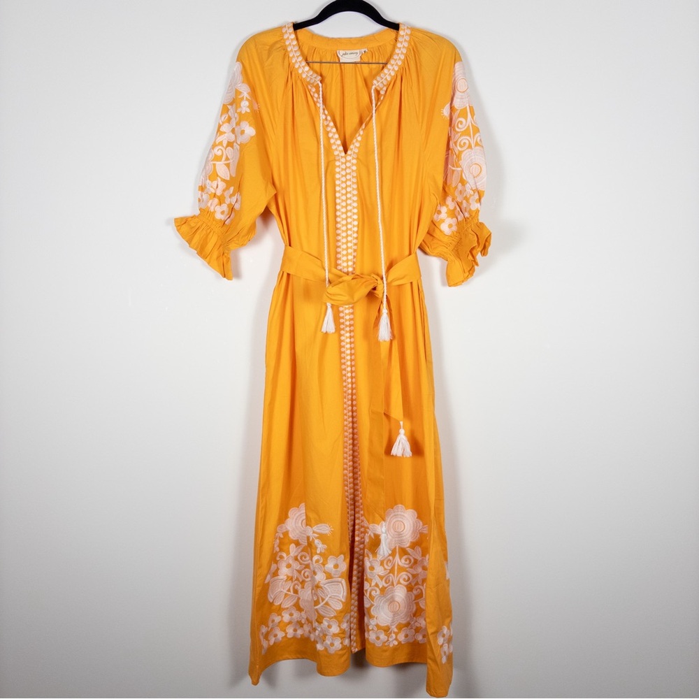 Embroidered Yellow Midi Dress with Tie Waist